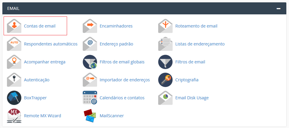Aba EMAIL do CPanel. Na aba de Email do cPanel.
